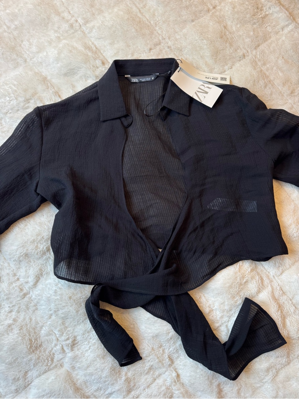 Zara Black Sheer Tie-Waist Cropped Blouse
